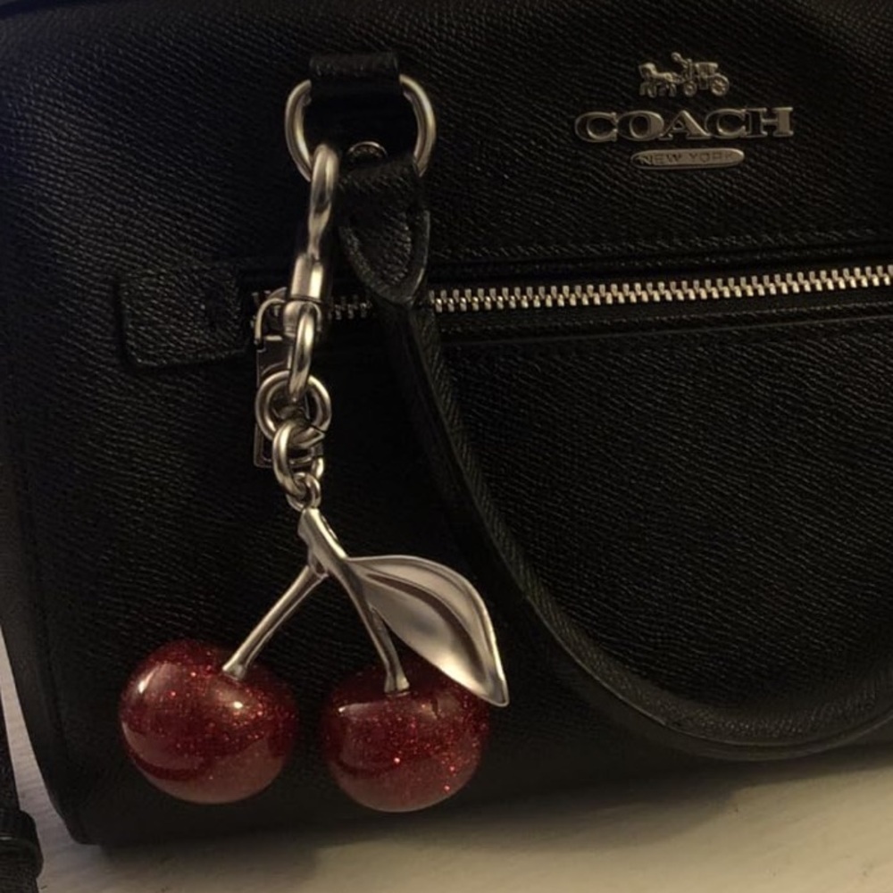 Cherry bag charm with red cherries red poof ball and silver hardware - Picture 3 of 3